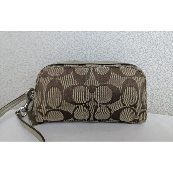 Vintage Y2K Coach Signature Mini Cosmetic Makeup Bag Wristlet Pouch Khaki Gold - Picture 2 of 12